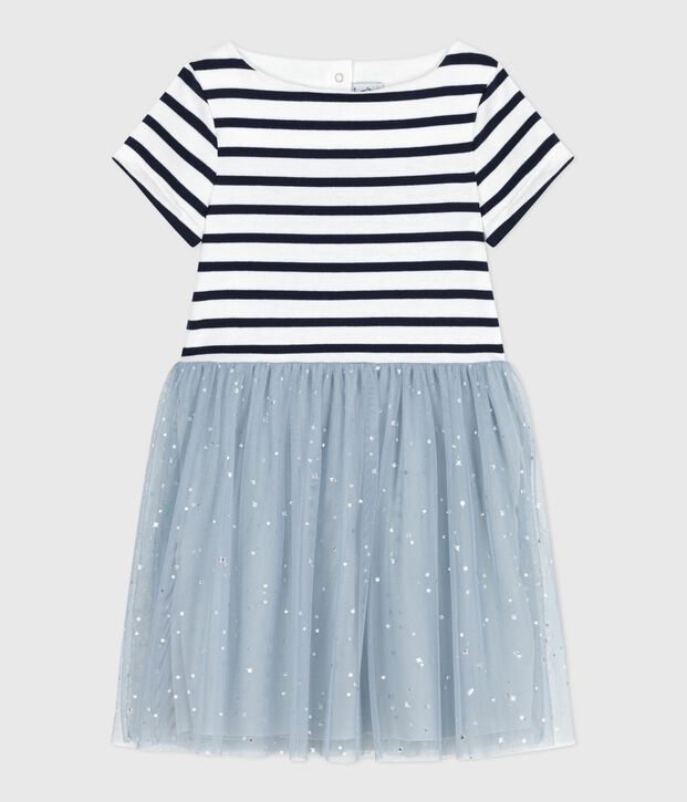 Vestido infantil de algod&oacute;n de manga corta a rayas azul/multicolor