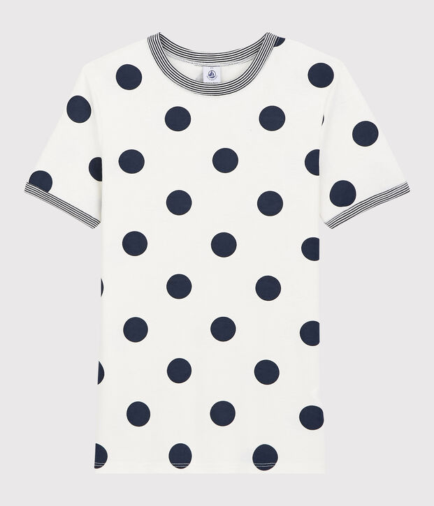 Camiseta de cuello redondo de lunares de algod&oacute;n de mujer blanco/azul