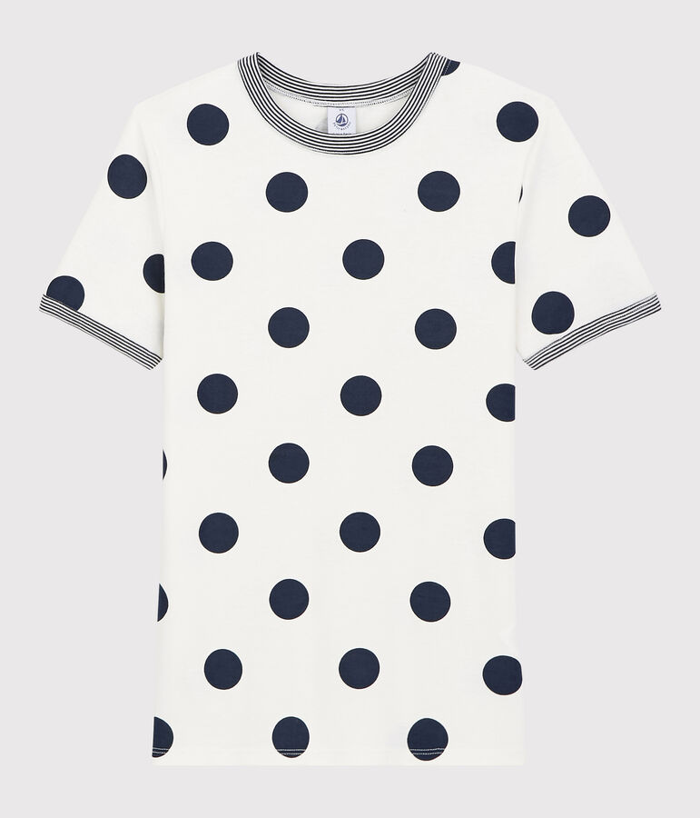 Camiseta de cuello redondo de lunares de algod&oacute;n de mujer blanco/azul