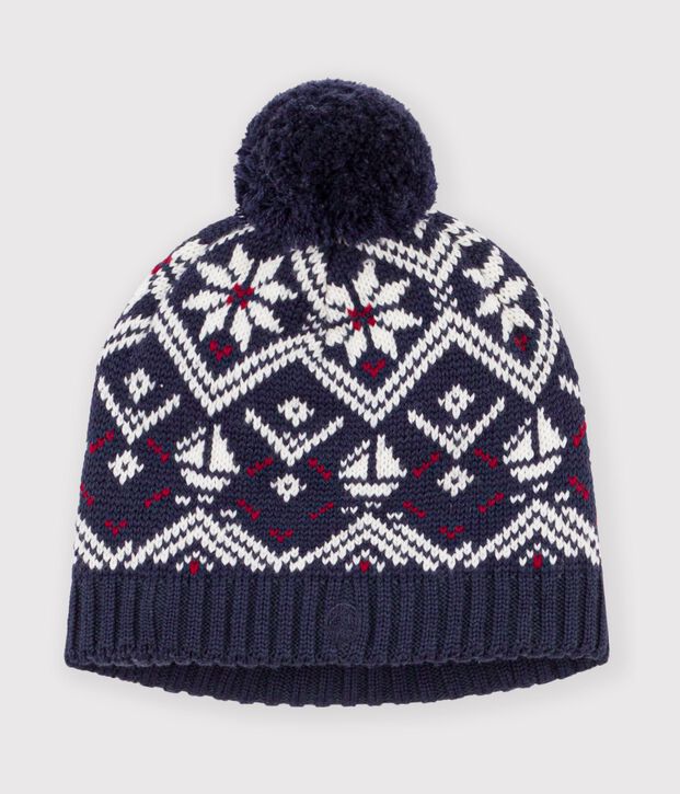 Gorro jacquard de lana y algod&oacute;n infantil con forro polar azul/crudo/rojo