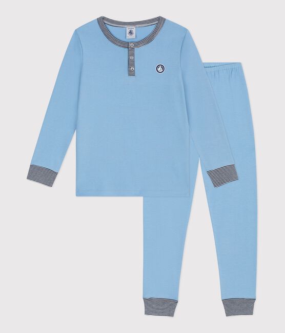 Pijama infantil liso de algodón con cuello mao azul FLO
