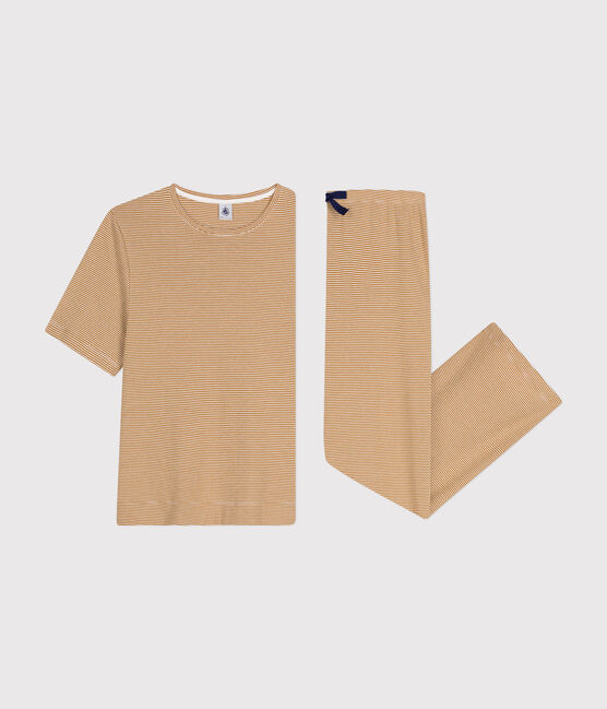 Pijama de algodón a rayas para mujer marron CUIVRE/ MARSHMALLOW