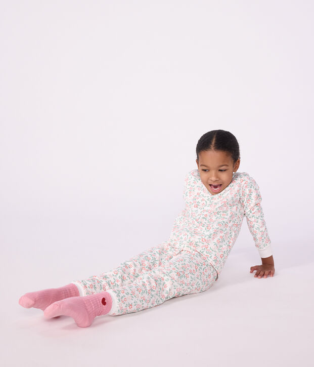 Pijama infantil de mulet&oacute;n con flores blanco/multicolor