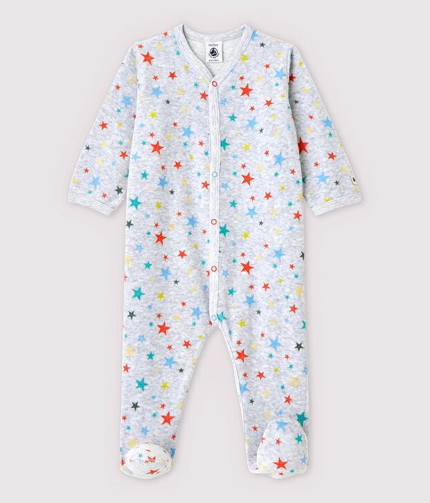 Pijama enterizo gris jaspeado con estrellas de terciopelo de beb&eacute; ni&ntilde;a gris/multicolor
