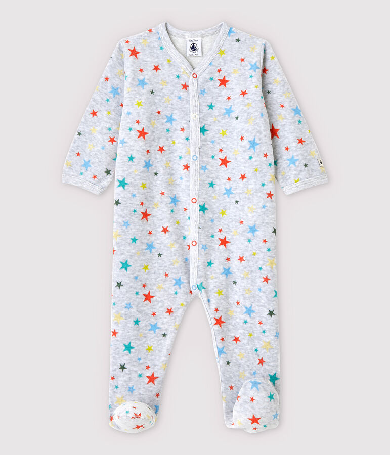 Pijama enterizo gris jaspeado con estrellas de terciopelo de beb&eacute; ni&ntilde;a gris/multicolor