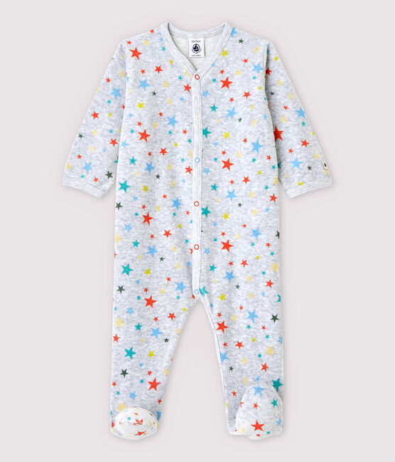 Pijama enterizo gris jaspeado con estrellas de terciopelo de bebé niña gris POUSSIERE/blanco MULTICO