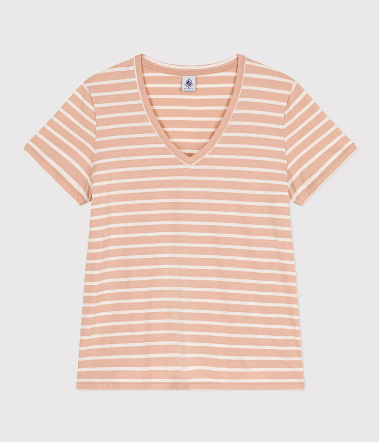 La camiseta RECTA de algod&oacute;n con cuello de pico para mujer beige/crudo