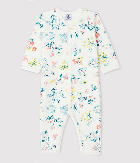 Pijama enterizo sin pies de flores de tejido tubular de bebé niña blanco MARSHMALLOW/blanco MULTICO