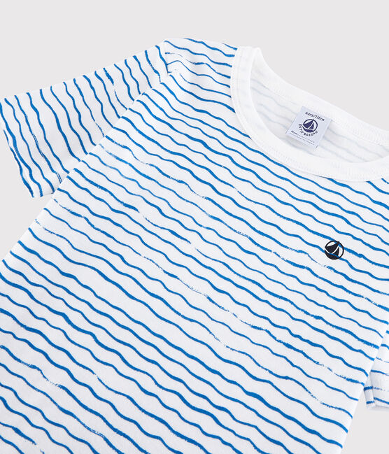 Pijama corto snugfit con estampado de olas de algodón de niño blanco MARSHMALLOW/azul COOL