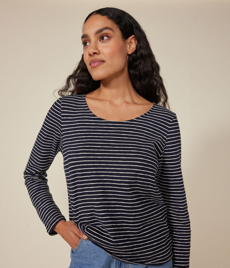 Camiseta Recta de manga larga de punto flameado con cuello de bailarina para mujer azul/beige