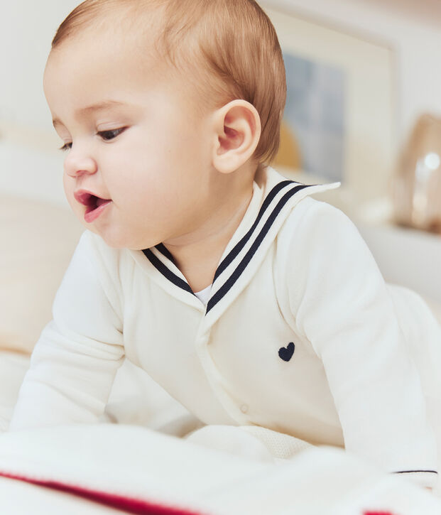 Pijama de algod&oacute;n sin pies con cuello de uniforme para beb&eacute; blanco