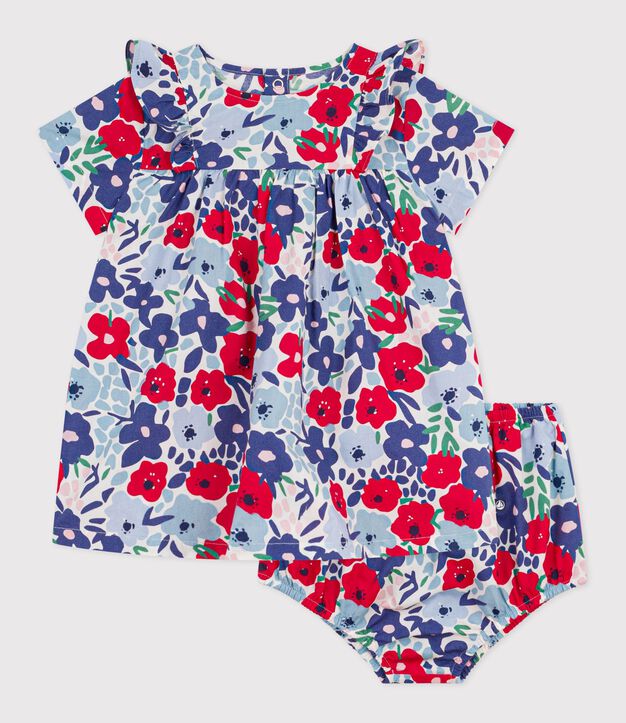 Vestido de algod&oacute;n de manga corta y pololo con estampado de flores para beb&eacute; blanco/multicolor