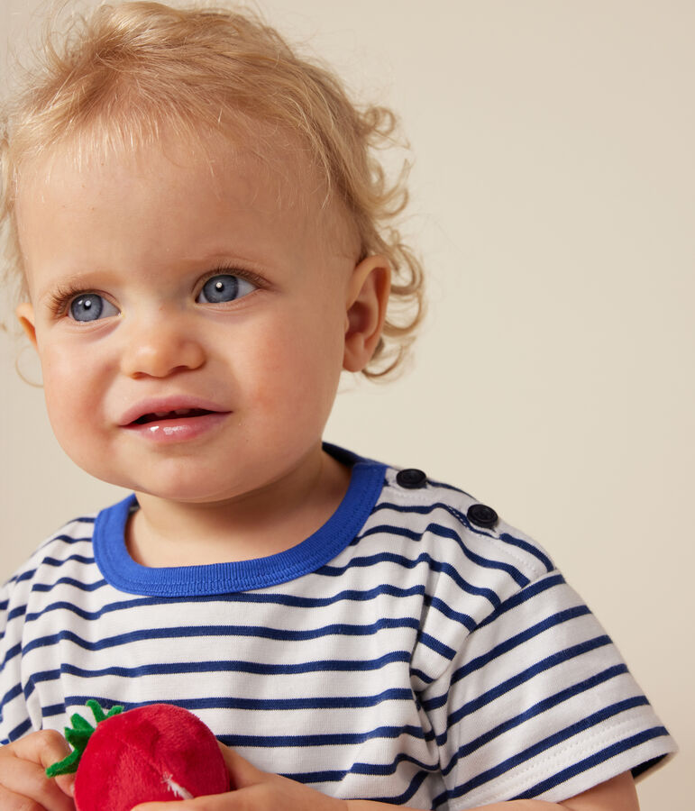 Camiseta de manga corta de punto fino para beb&eacute; blanco/azul