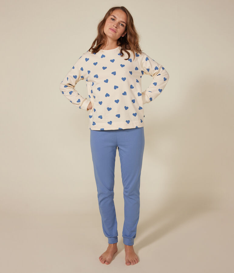 Pijama de dos materiales de algod&oacute;n para mujer azul/crudo