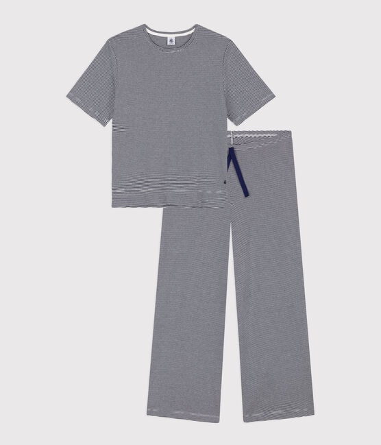 Pijama milrayas de algodón de mujer azul SMOKING/blanco MARSHMALLOW