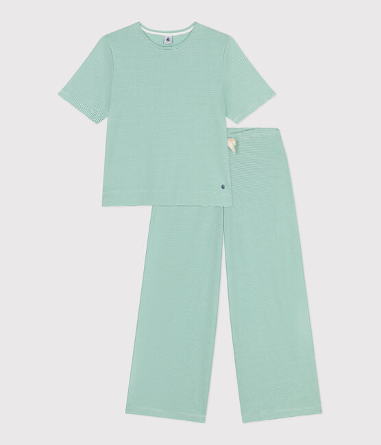 Pijama de algodón a rayas de pernera ancha para mujer verde ALOEVERA/blanco MARSHMALLOW