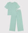 Pijama de algodón a rayas de pernera ancha para mujer verde ALOEVERA/blanco MARSHMALLOW