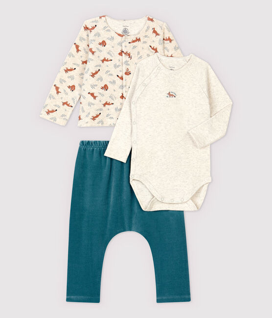Conjunto para bebé de 3 piezas de terciopelo y tejido acanalado beige MONTELIMAR/blanco MULTICO
