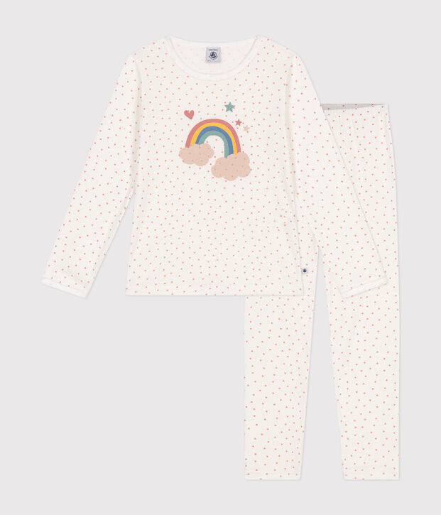 Pijama infantil de algod&oacute;n con estampado de corazoncitos blanco/rosa