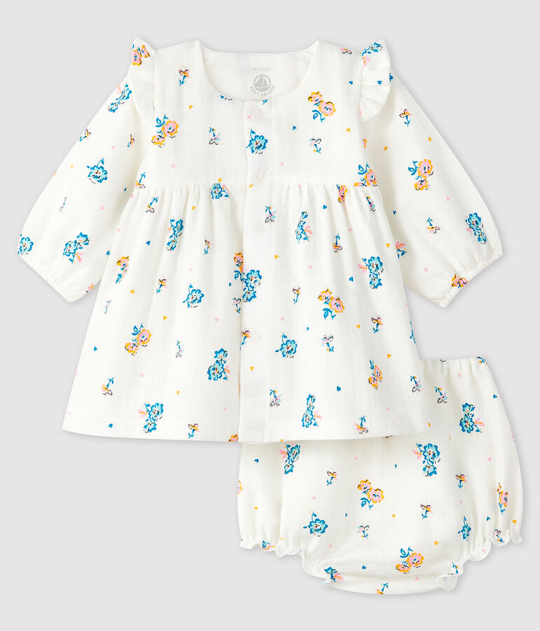 Vestido de flores de manga larga con braguita para beb&eacute; ni&ntilde;a de tejido de pa&ntilde;al blanco/multicolor