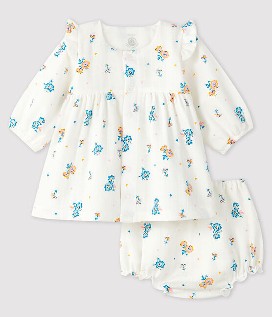 Vestido de flores de manga larga con braguita para bebé niña de tejido de pañal blanco MARSHMALLOW/blanco MULTICO