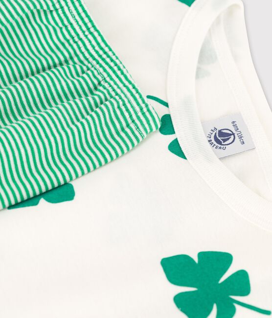 Pijama corto de algodón orgánico con motivo de hojas de palmera para niño blanco MARSHMALLOW/verde GAZON