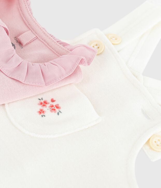 Conjunto de peto de algod&oacute;n liso con detalles refinados para beb&eacute; crudo/rosa