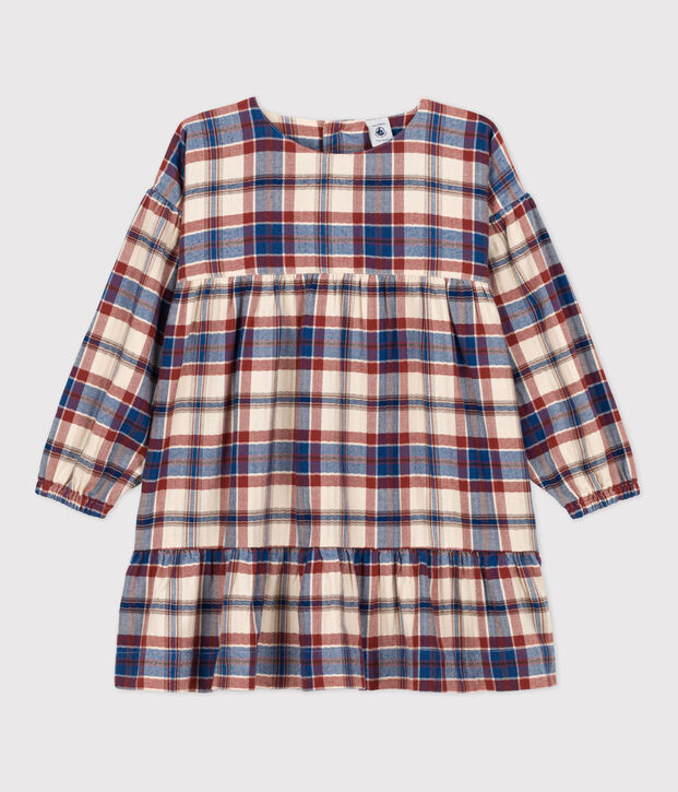 Vestido a cuadros de manga larga de franela de ni&ntilde;a crudo/multicolor
