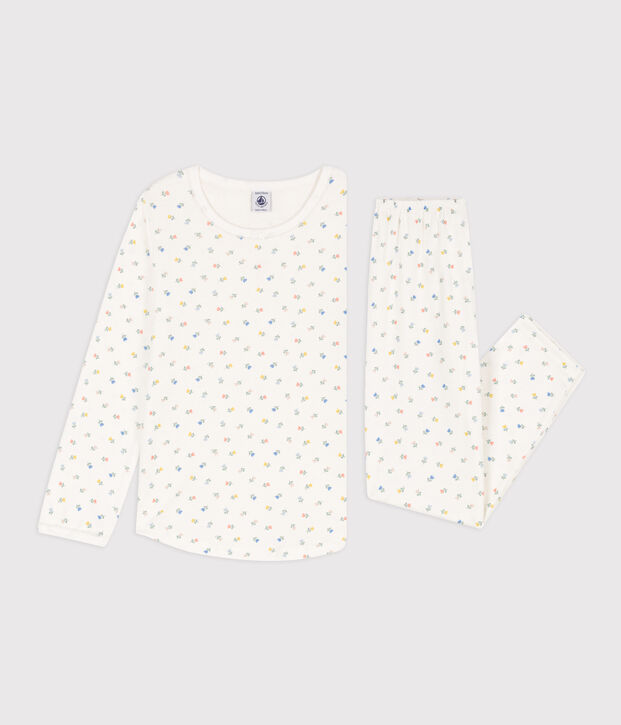 Pijama de algod&oacute;n con flores para ni&ntilde;a blanco/multicolor