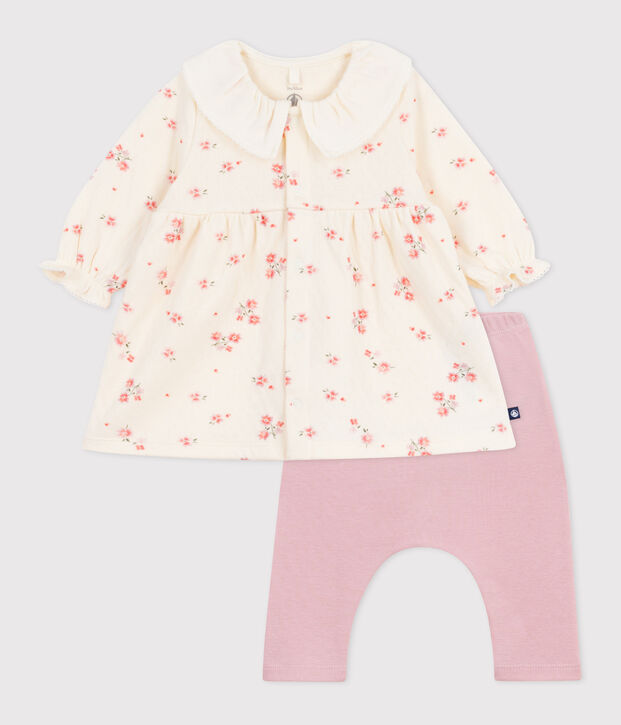 Vestido con cuello con estampado de flores y leggings de algod&oacute;n para beb&eacute; crudo/multicolor
