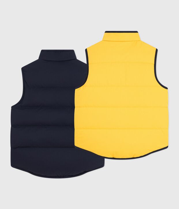 Plum&iacute;fero infantil sin mangas bicolor reversible azul/amarillo