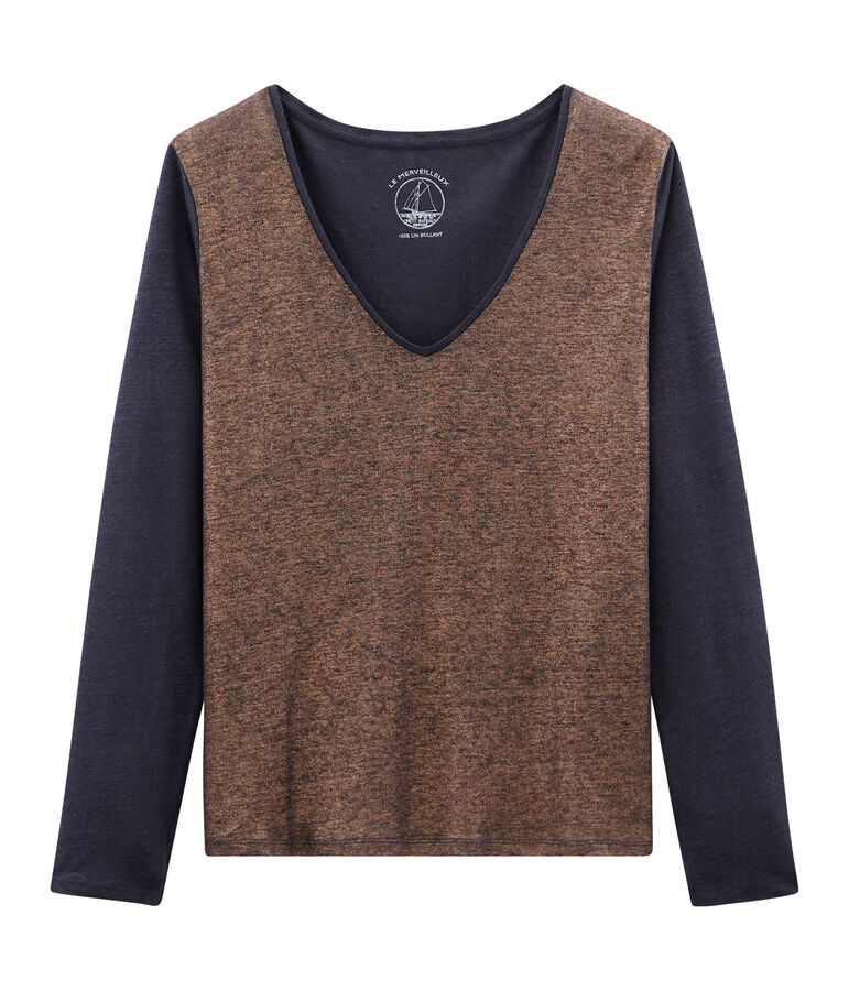 Camiseta manga larga de lino irisada para mujer azul/rosa