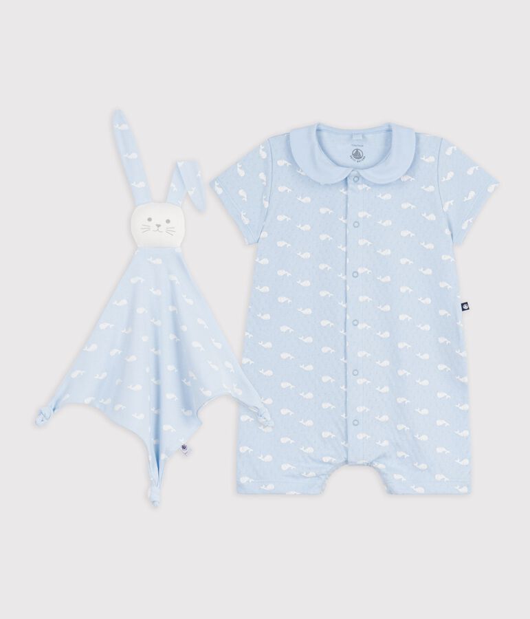 Conjunto de regalo para beb&eacute; con pelele y doudou con estampado de ballenas azul/blanco