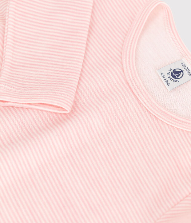 Camiseta de manga larga milrayas de ni&ntilde;a de lana y algod&oacute;n rosa/blanco