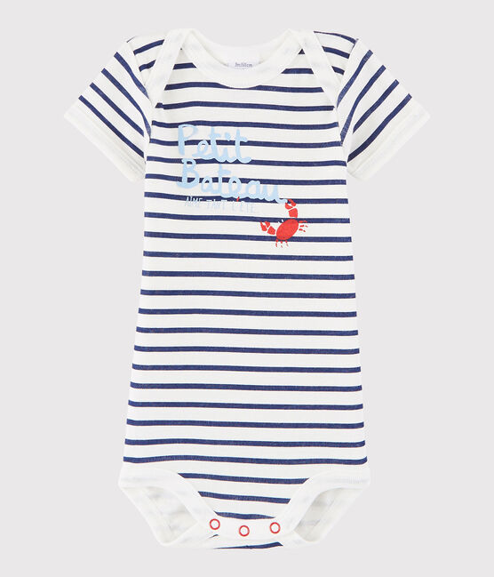 Bodi de manga corta de bebé niña/niño blanco MARSHMALLOW/azul MEDIEVAL