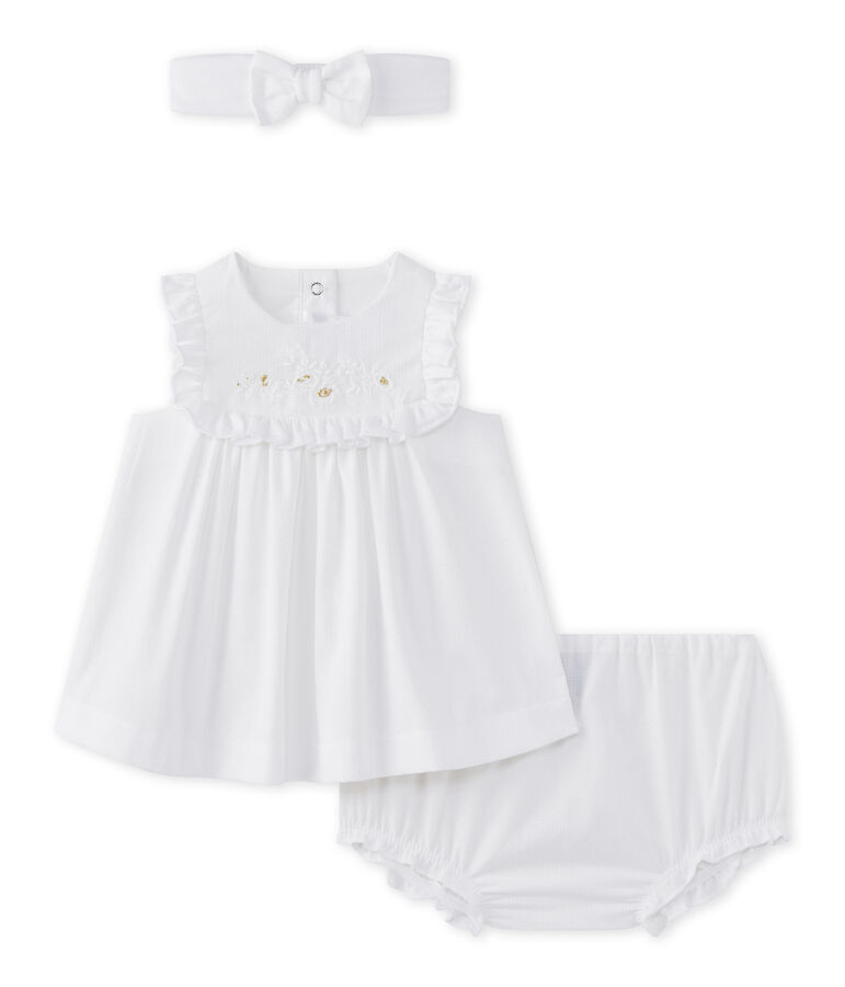 Conjunto para beb&eacute; ni&ntilde;a 3 piezas en popelina blanco