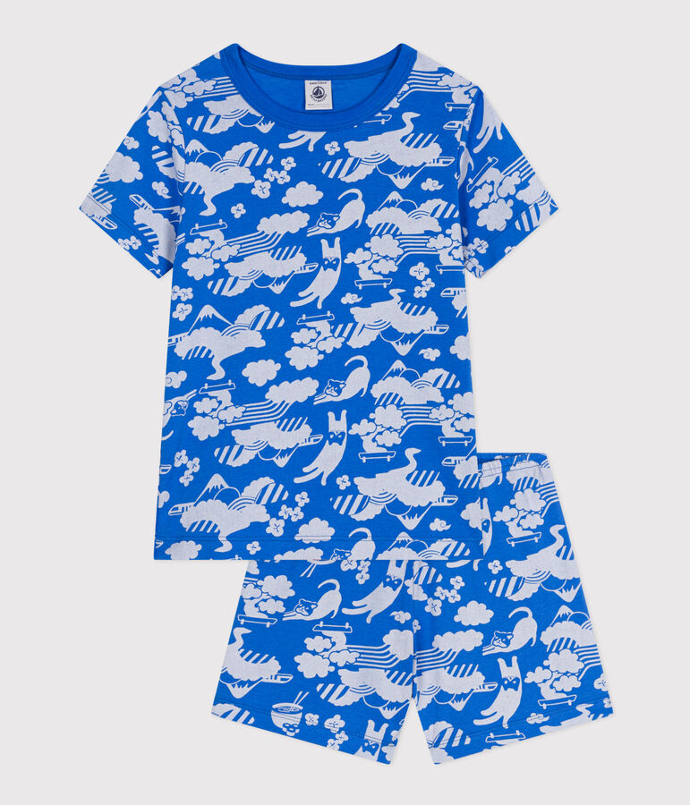 Pijama corto infantil de algod&oacute;n con estampado azul/blanco