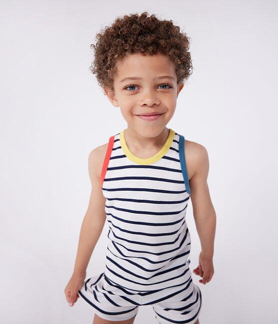 Pijama infantil corto sin mangas de algodón a rayas blanco MARSHMALLOW/azul SMOKING