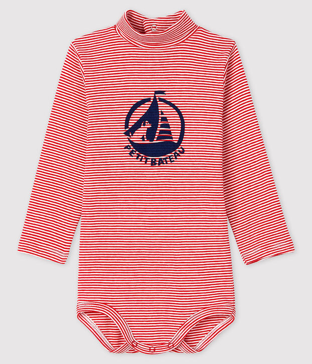 Bodi de manga larga con cuello de tortuga para beb&eacute; rojo/blanco
