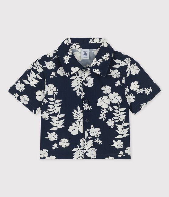 Camisa de manga corta con estampado hawaiano de popelina de bebé azul MEDIEVAL/blanco MARSHMALLOW