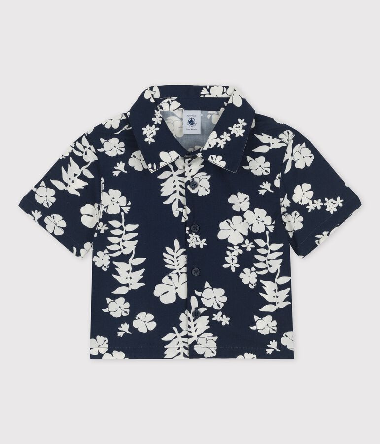 Camisa de manga corta con estampado hawaiano de popelina de beb&eacute; azul/blanco