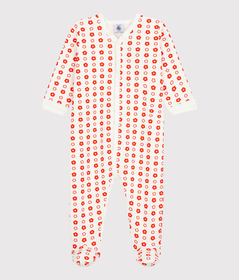 Pelele de beb&eacute; de flores retro de mulet&oacute;n de algod&oacute;n org&aacute;nico blanco/rojo