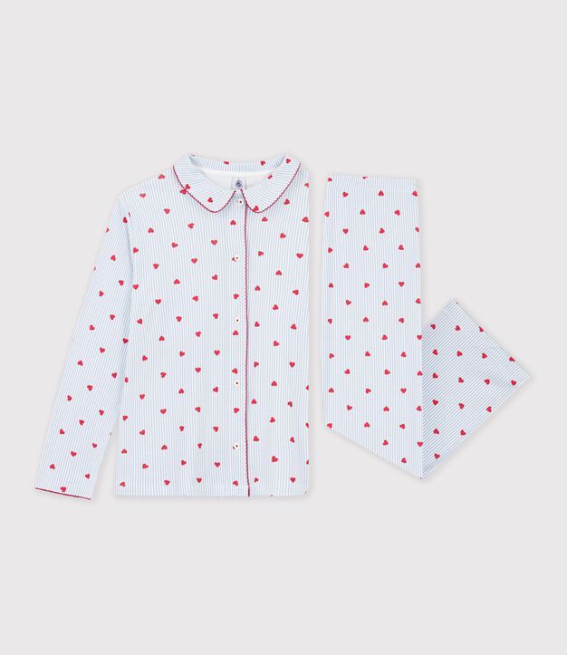 Pijama abotonado de algod&oacute;n con estampado de rayas y corazones para mujer blanco/multicolor