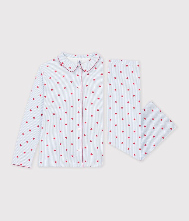 Pijama abotonado de algod&oacute;n con estampado de rayas y corazones para mujer blanco/multicolor