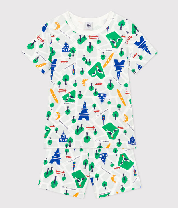 Pijama infantil corto de algod&oacute;n con estampado de Par&iacute;s blanco/azul/multicolor
