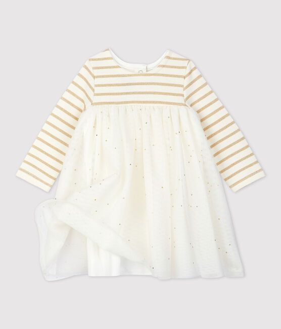Vestido bimaterial de manga larga para bebé niña beige COQUILLE/amarillo LUREX DORE