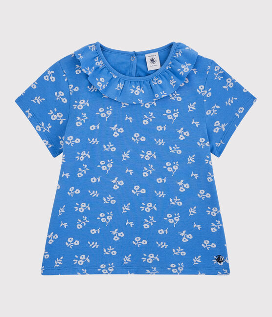 Camiseta de manga corta de algodón de niña azul BRASIER/gris MARSHMALLOW