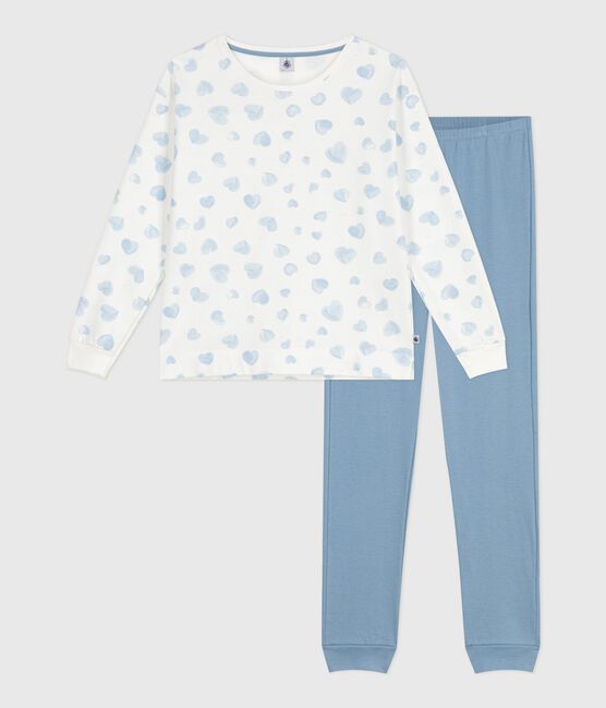 Pijama de algodón bimaterial con estampado de corazones para mujer azul ADRIATIC/ MULTICO