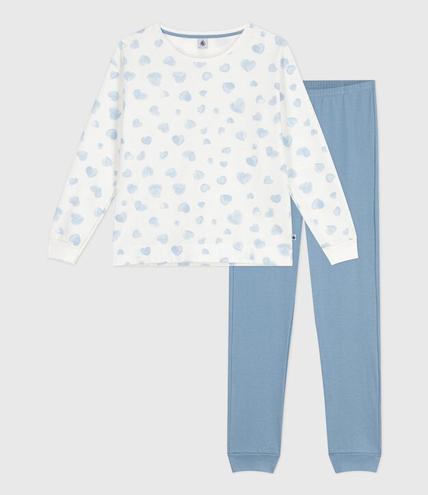 Pijama de algod&oacute;n bimaterial con estampado de corazones para mujer azul/multicolor