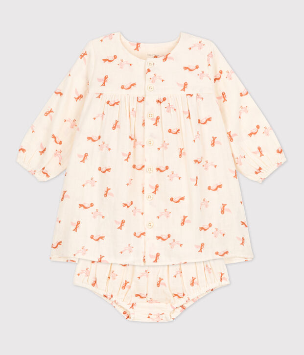 Vestido y ranita de beb&eacute; con estampado de p&aacute;jaros de gasa de algod&oacute;n crudo/multicolor